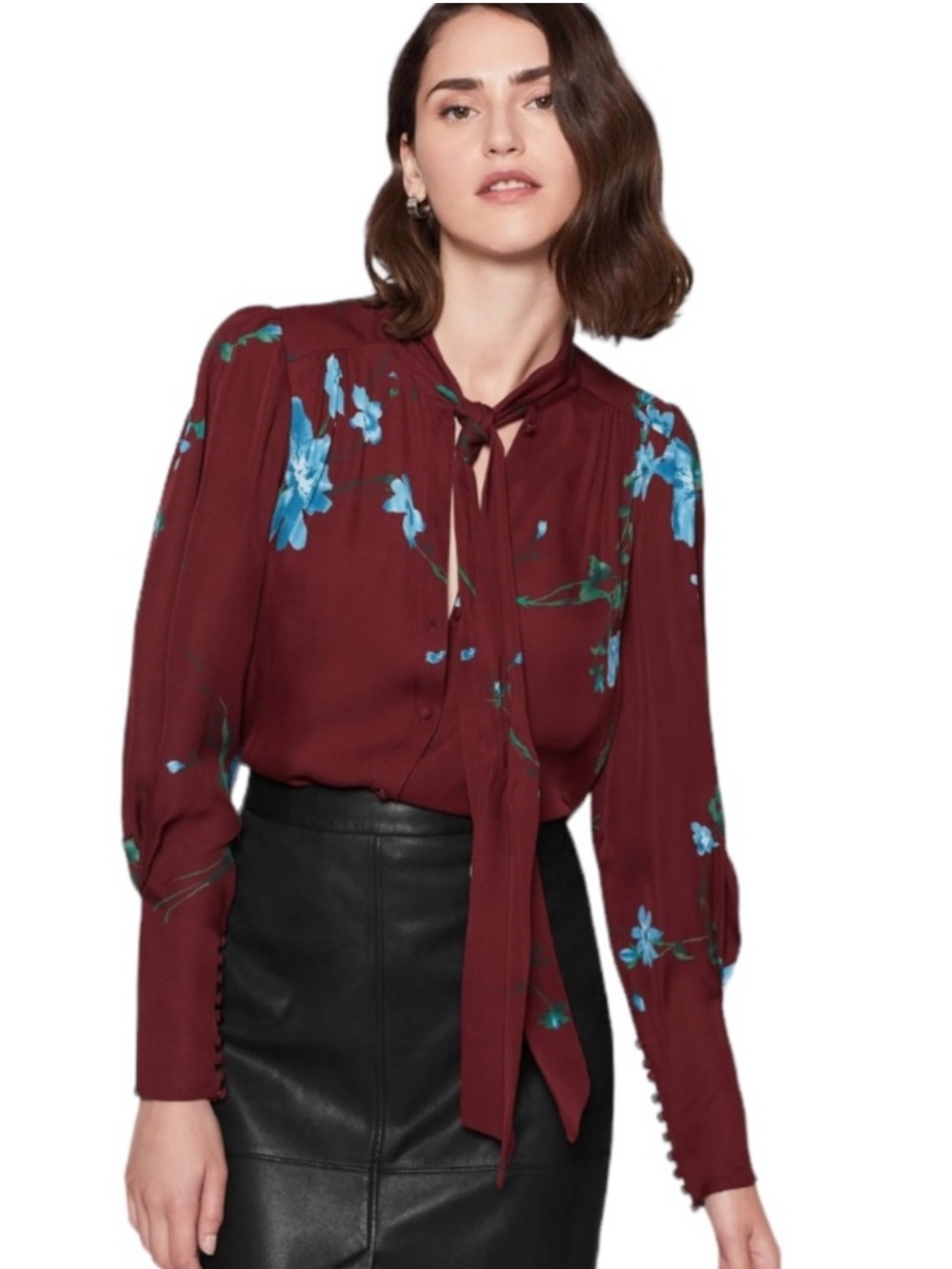 Joie Wine Red Floral Tie-Neck Blouse